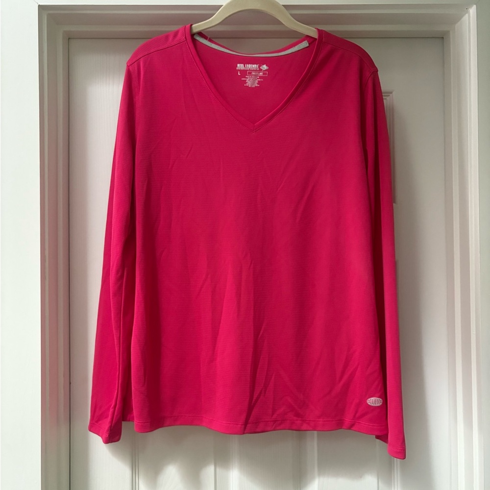 Reel Legends Women's V-Neck Long Sleeve Performance Tee - Bright Pink